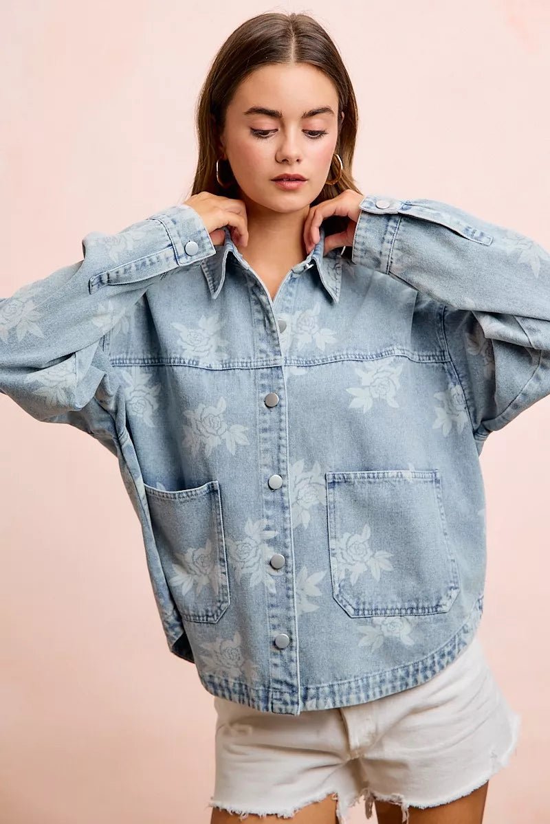 BiBi Printed Washed Denim Jacket With Pocket - Rooted & Reckless Co.