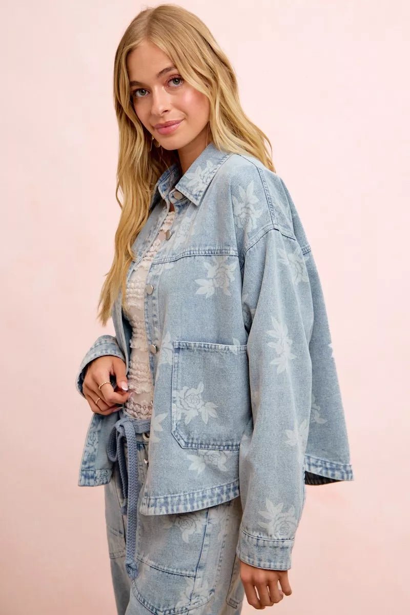 BiBi Printed Washed Denim Jacket With Pocket - Rooted & Reckless Co.