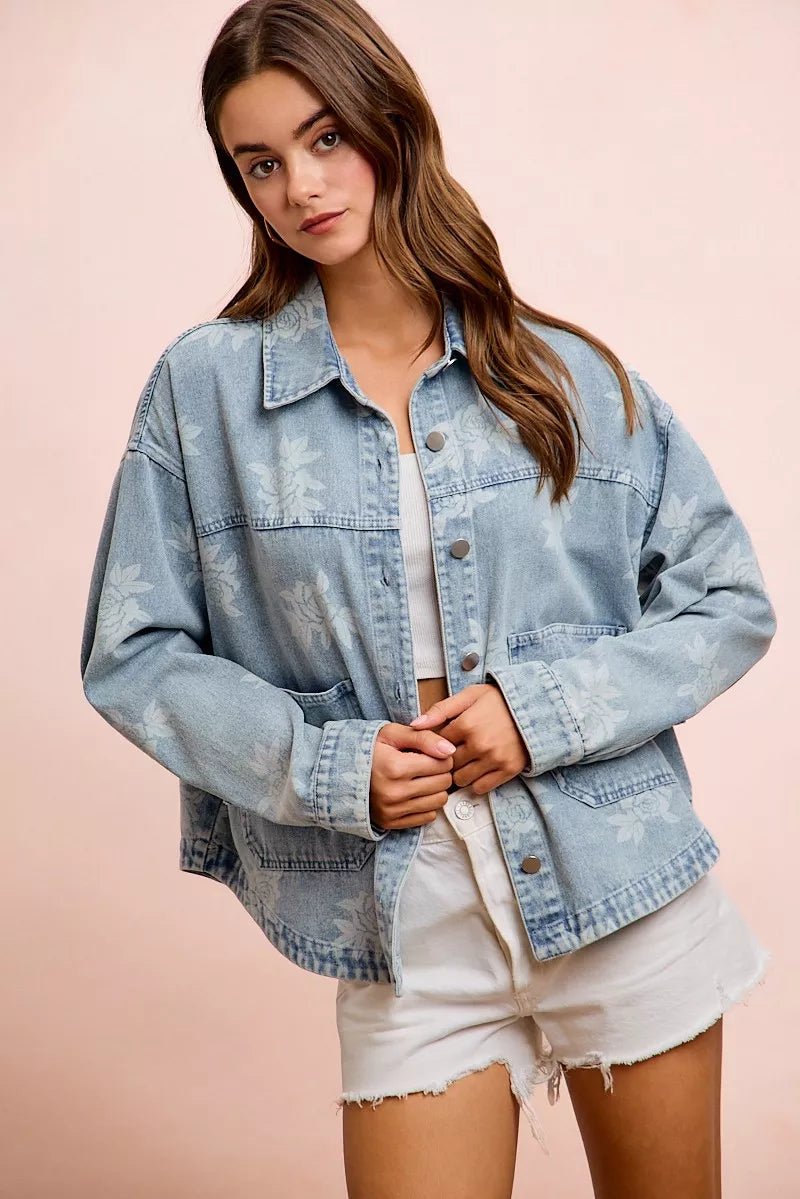 BiBi Printed Washed Denim Jacket With Pocket - Rooted & Reckless Co.