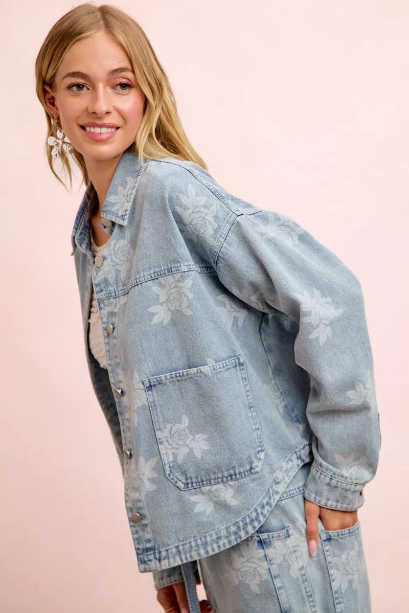 BiBi Printed Washed Denim Jacket With Pocket - Rooted & Reckless Co.
