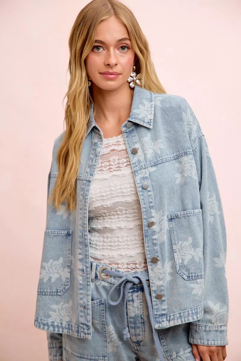 BiBi Printed Washed Denim Jacket With Pocket - Rooted & Reckless Co.
