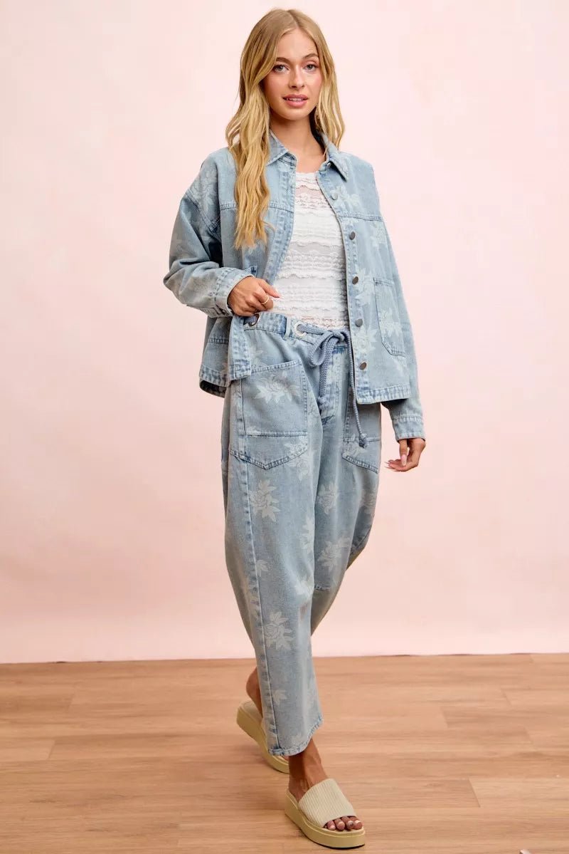 BiBi Printed Washed Denim Jacket With Pocket - Rooted & Reckless Co.