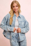 BiBi Printed Washed Denim Jacket With Pocket - Rooted & Reckless Co.