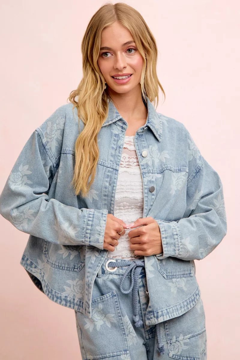 BiBi Printed Washed Denim Jacket With Pocket - Rooted & Reckless Co.