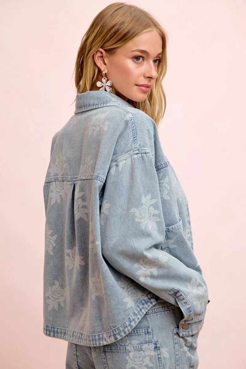 BiBi Printed Washed Denim Jacket With Pocket - Rooted & Reckless Co.
