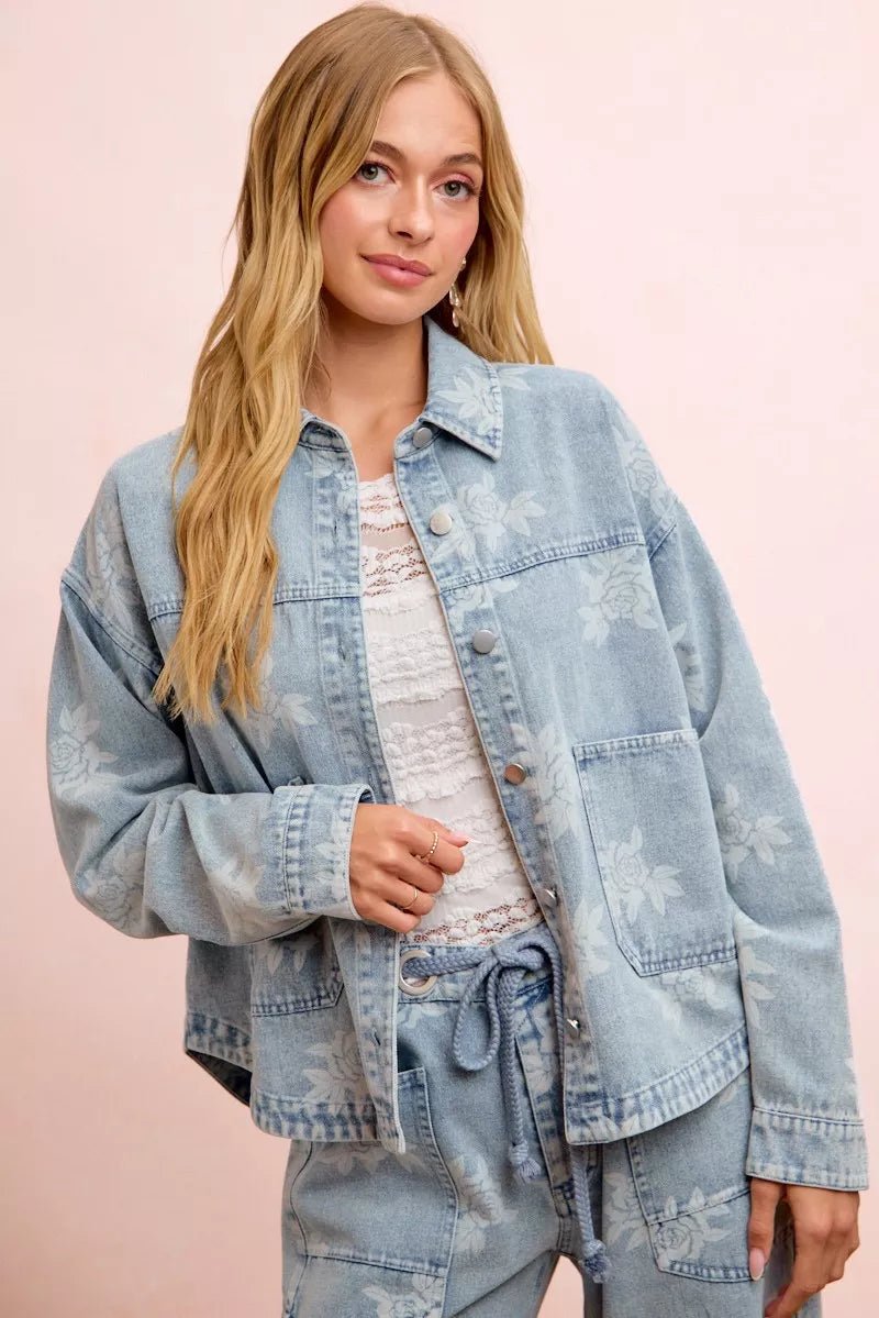 BiBi Printed Washed Denim Jacket With Pocket - Rooted & Reckless Co.
