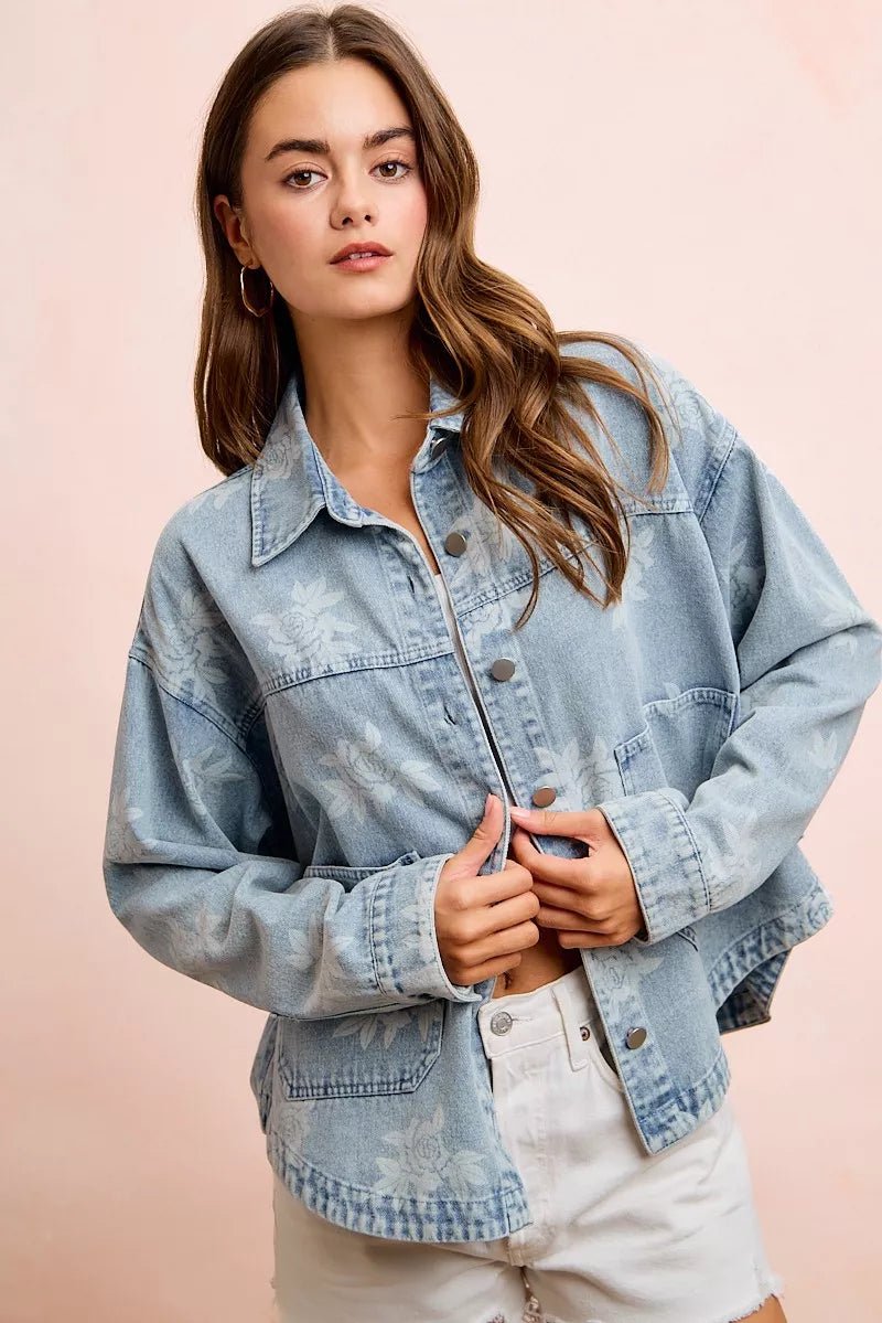 BiBi Printed Washed Denim Jacket With Pocket - Rooted & Reckless Co.
