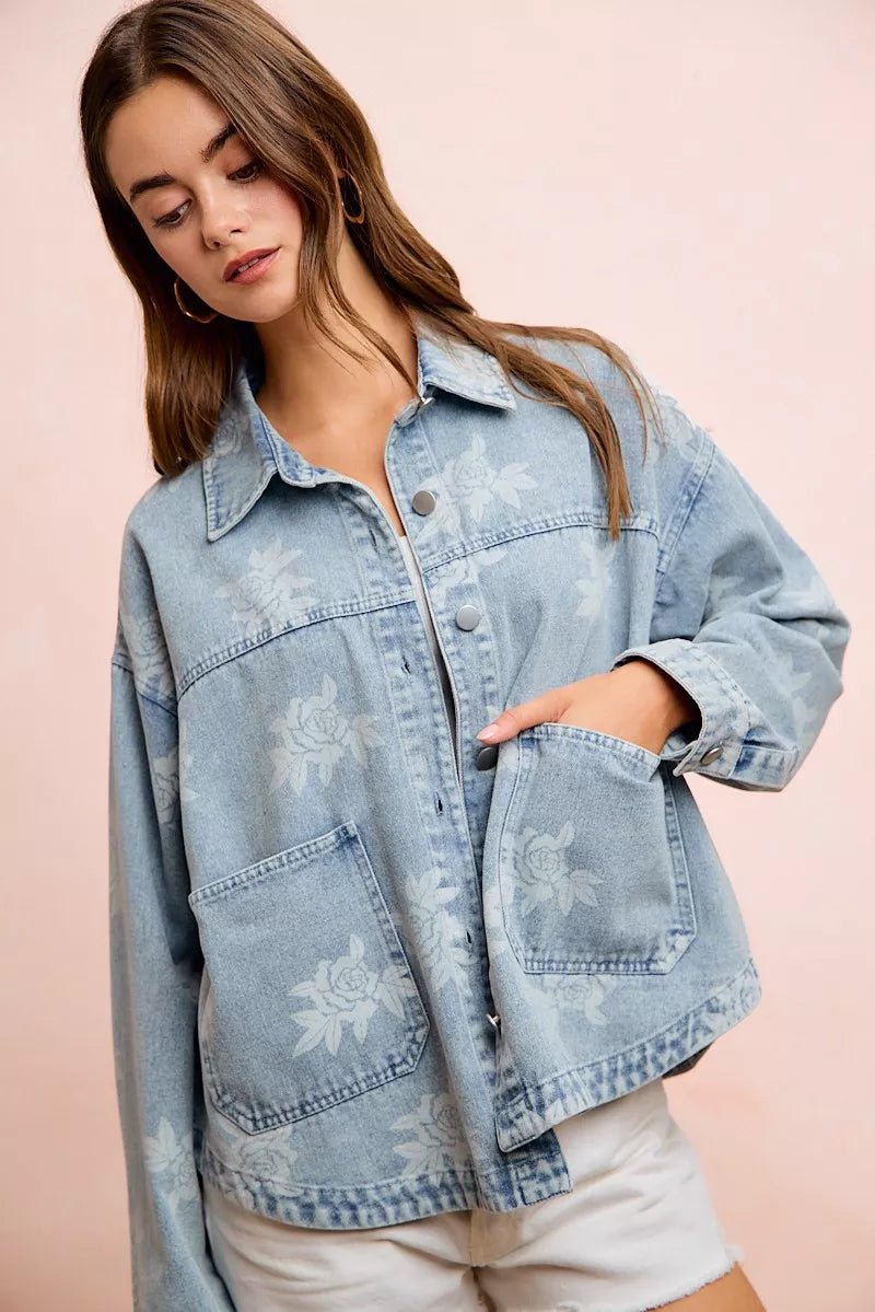 BiBi Printed Washed Denim Jacket With Pocket - Rooted & Reckless Co.