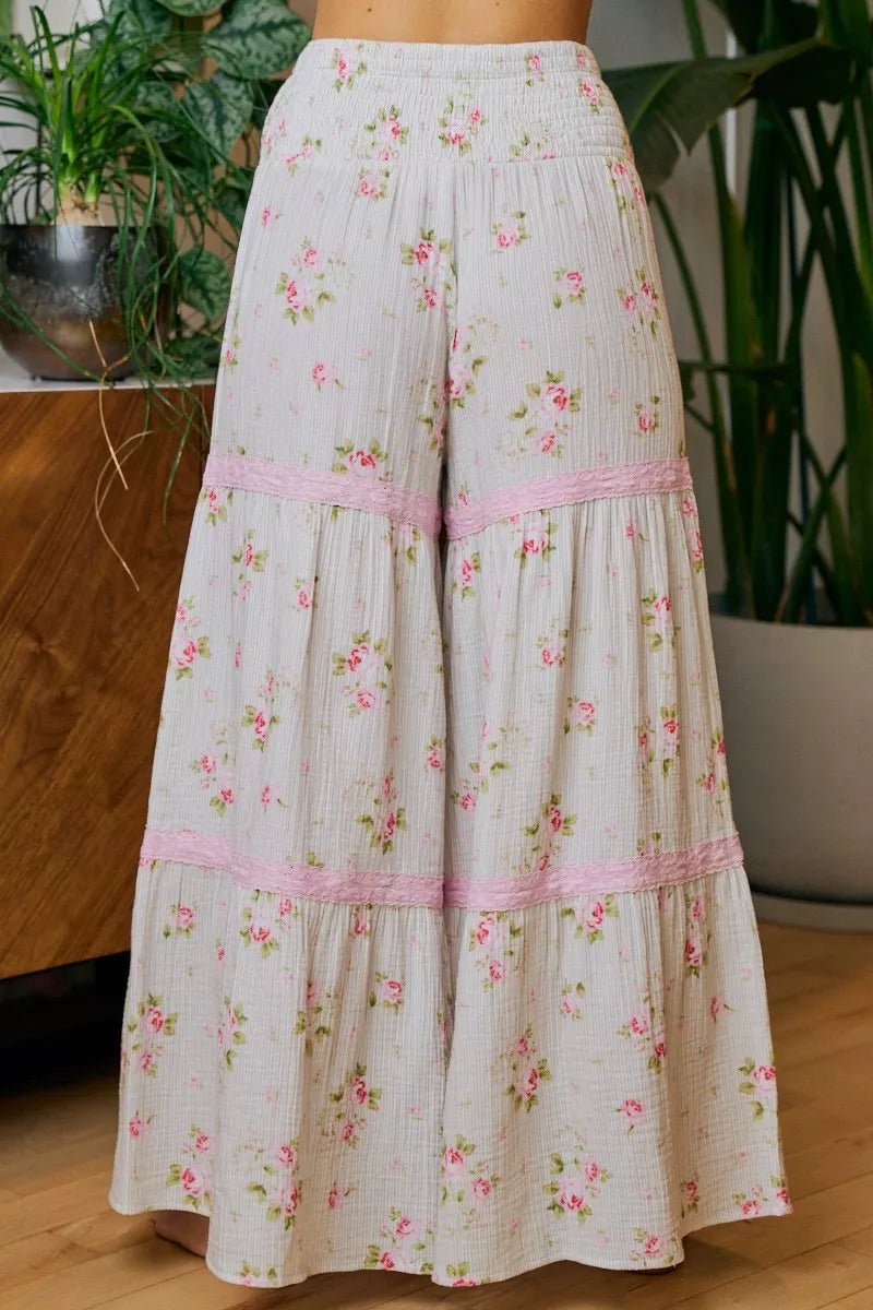 BiBi Rose Printed Gauze Trim Detail Smocked Maxi Pants - Rooted & Reckless Co.
