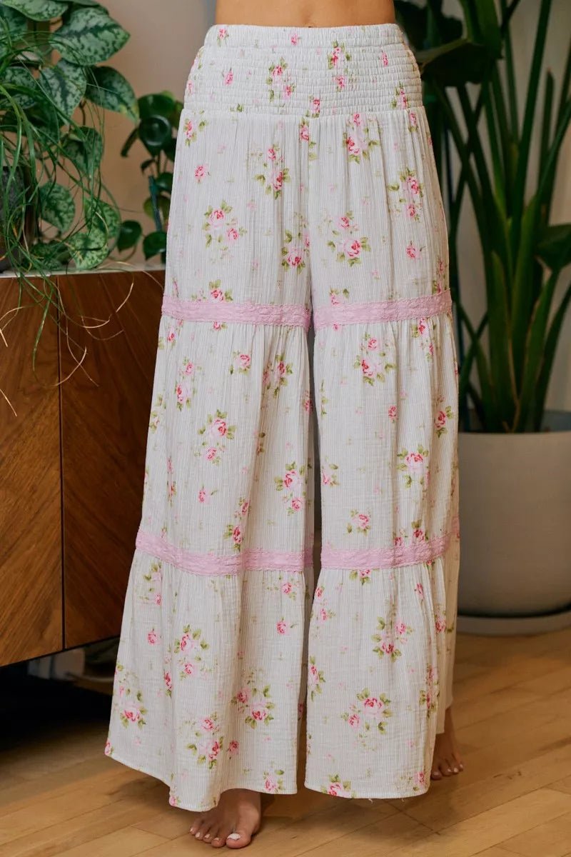 BiBi Rose Printed Gauze Trim Detail Smocked Maxi Pants - Rooted & Reckless Co.