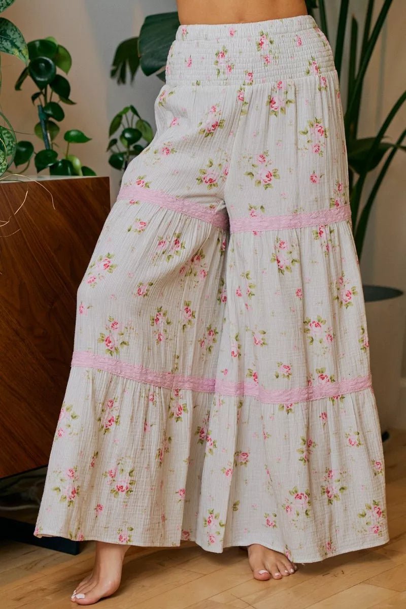 BiBi Rose Printed Gauze Trim Detail Smocked Maxi Pants - Rooted & Reckless Co.