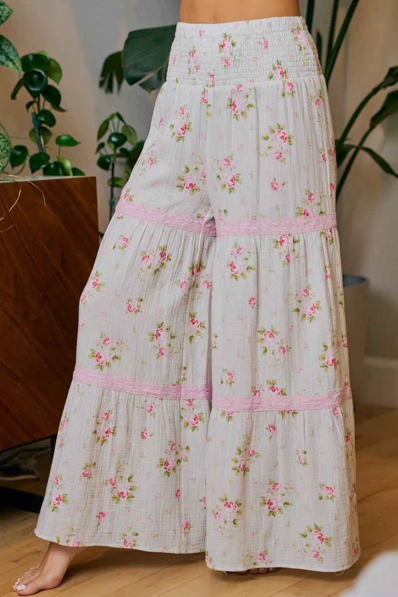 BiBi Rose Printed Gauze Trim Detail Smocked Maxi Pants - Rooted & Reckless Co.