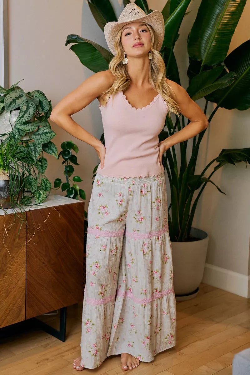 BiBi Rose Printed Gauze Trim Detail Smocked Maxi Pants - Rooted & Reckless Co.