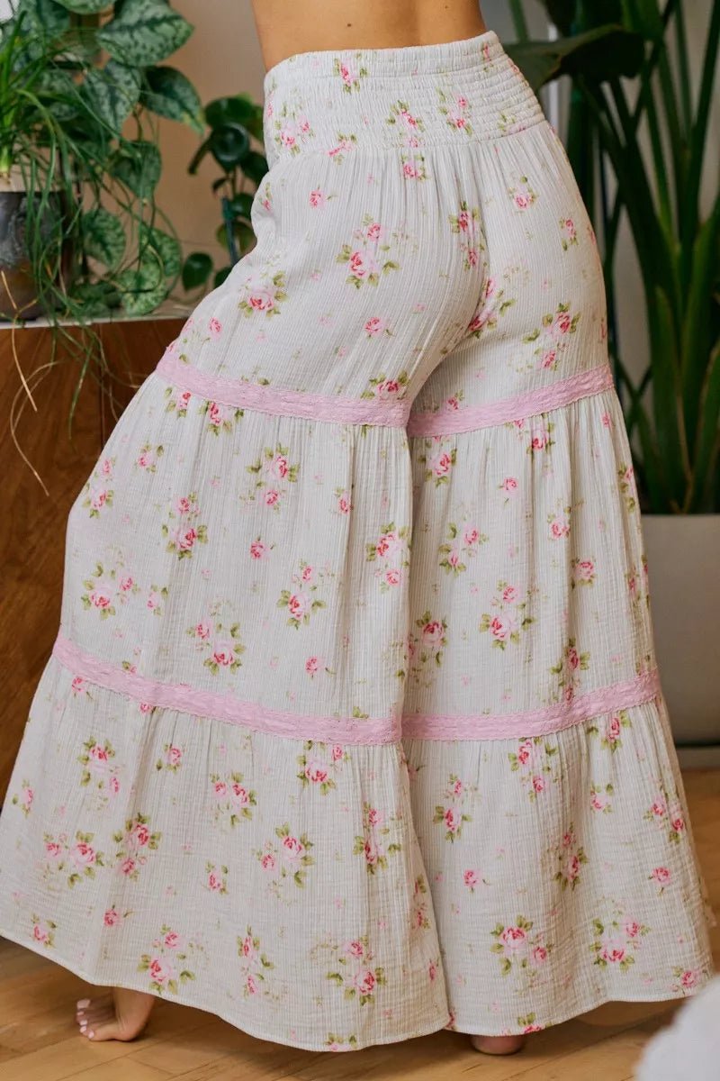 BiBi Rose Printed Gauze Trim Detail Smocked Maxi Pants - Rooted & Reckless Co.