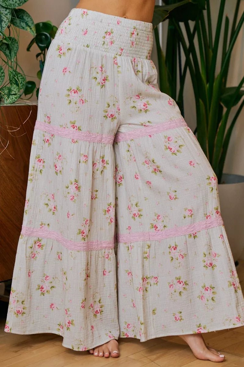 BiBi Rose Printed Gauze Trim Detail Smocked Maxi Pants - Rooted & Reckless Co.