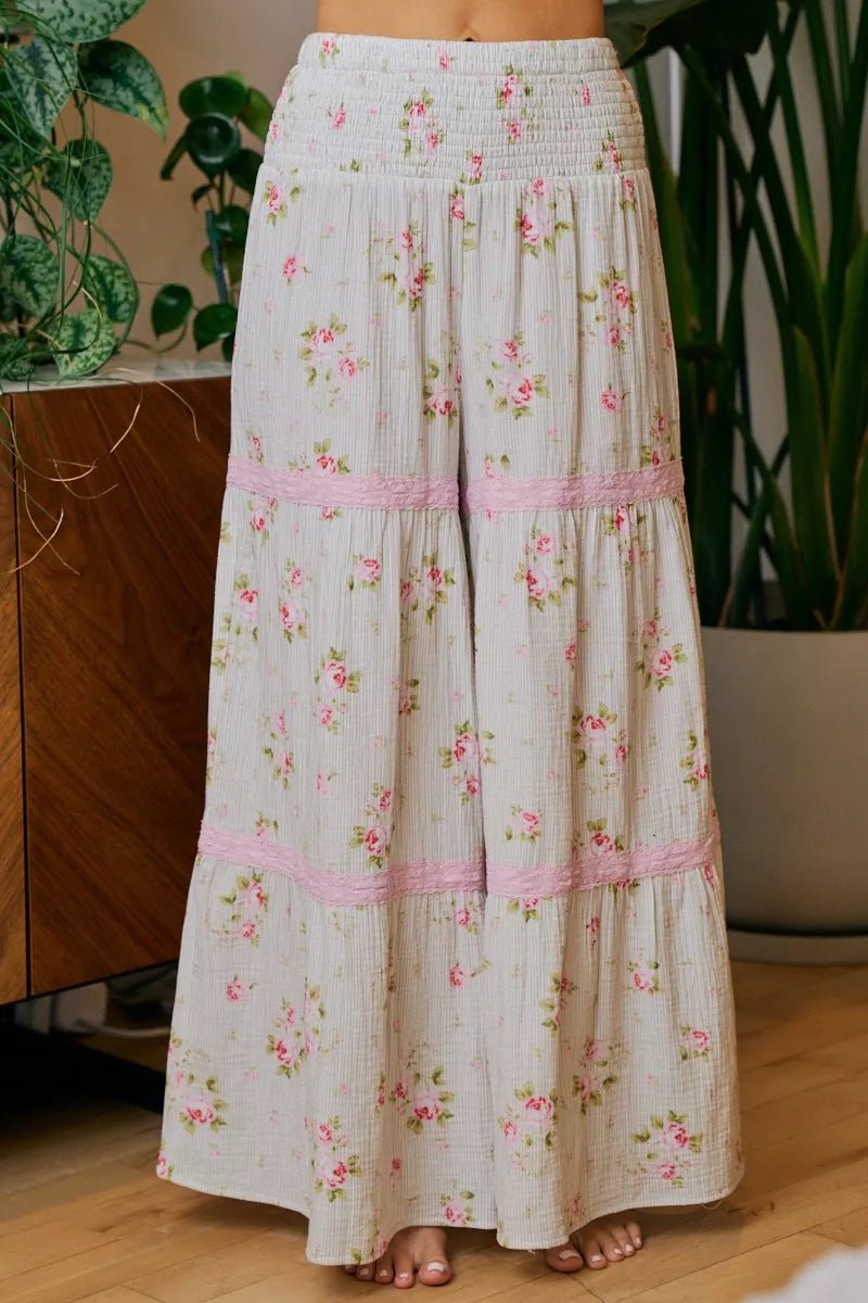 BiBi Rose Printed Gauze Trim Detail Smocked Maxi Pants - Rooted & Reckless Co.