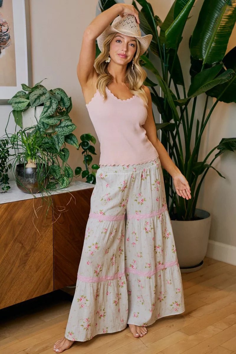 BiBi Rose Printed Gauze Trim Detail Smocked Maxi Pants - Rooted & Reckless Co.