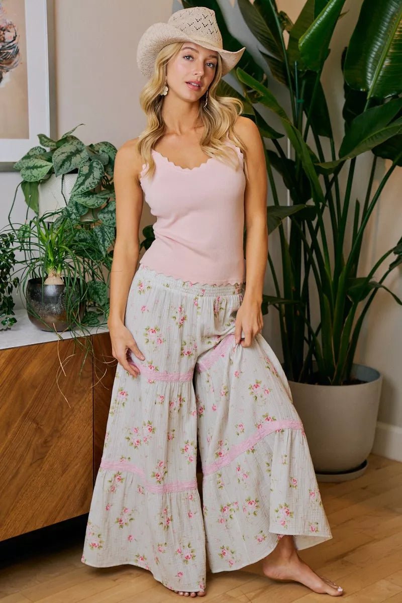 BiBi Rose Printed Gauze Trim Detail Smocked Maxi Pants - Rooted & Reckless Co.
