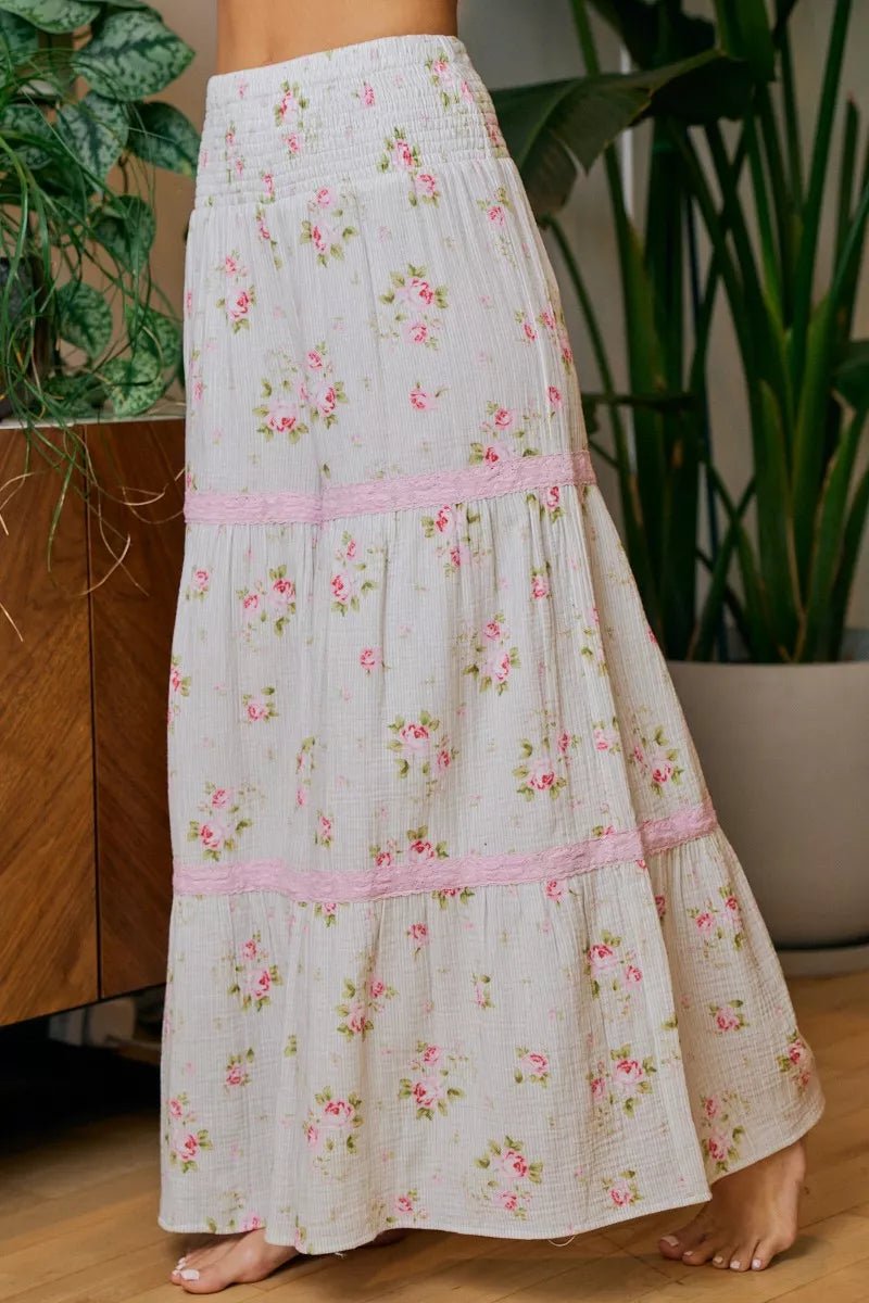 BiBi Rose Printed Gauze Trim Detail Smocked Maxi Pants - Rooted & Reckless Co.