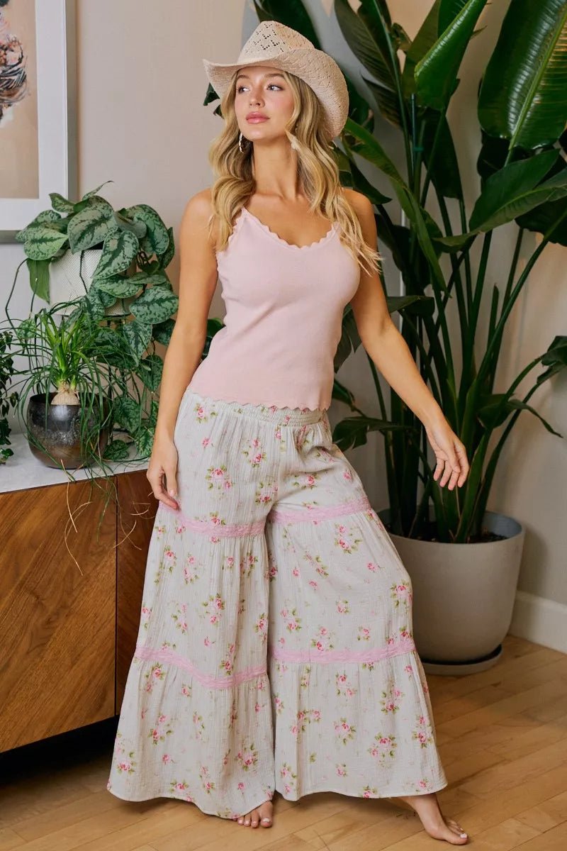 BiBi Rose Printed Gauze Trim Detail Smocked Maxi Pants - Rooted & Reckless Co.