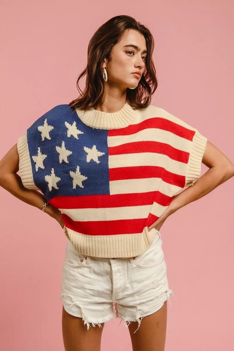 BiBi Star Patches American Flag Sleeveless Sweater - Rooted & Reckless Co.