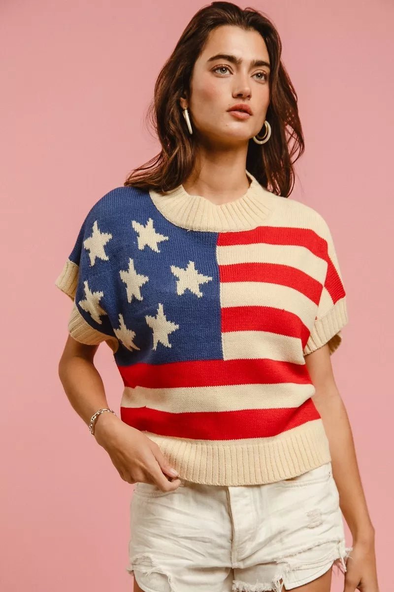 BiBi Star Patches American Flag Sleeveless Sweater - Rooted & Reckless Co.
