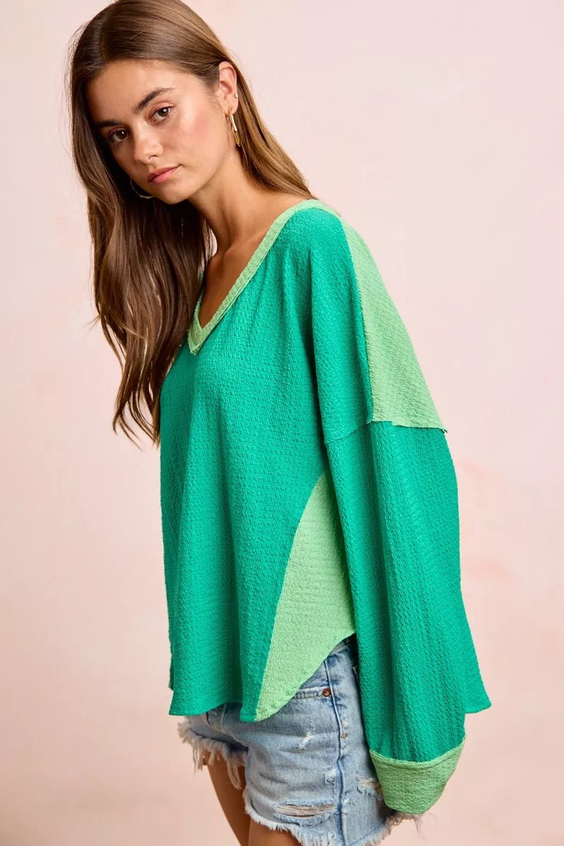 BiBi Textured Jersey Color Block Top With Cut Edge - Rooted & Reckless Co.