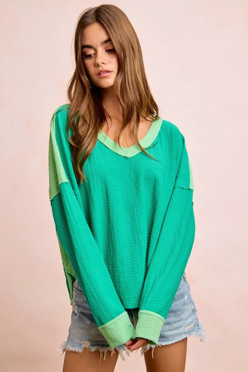 BiBi Textured Jersey Color Block Top With Cut Edge - Rooted & Reckless Co.