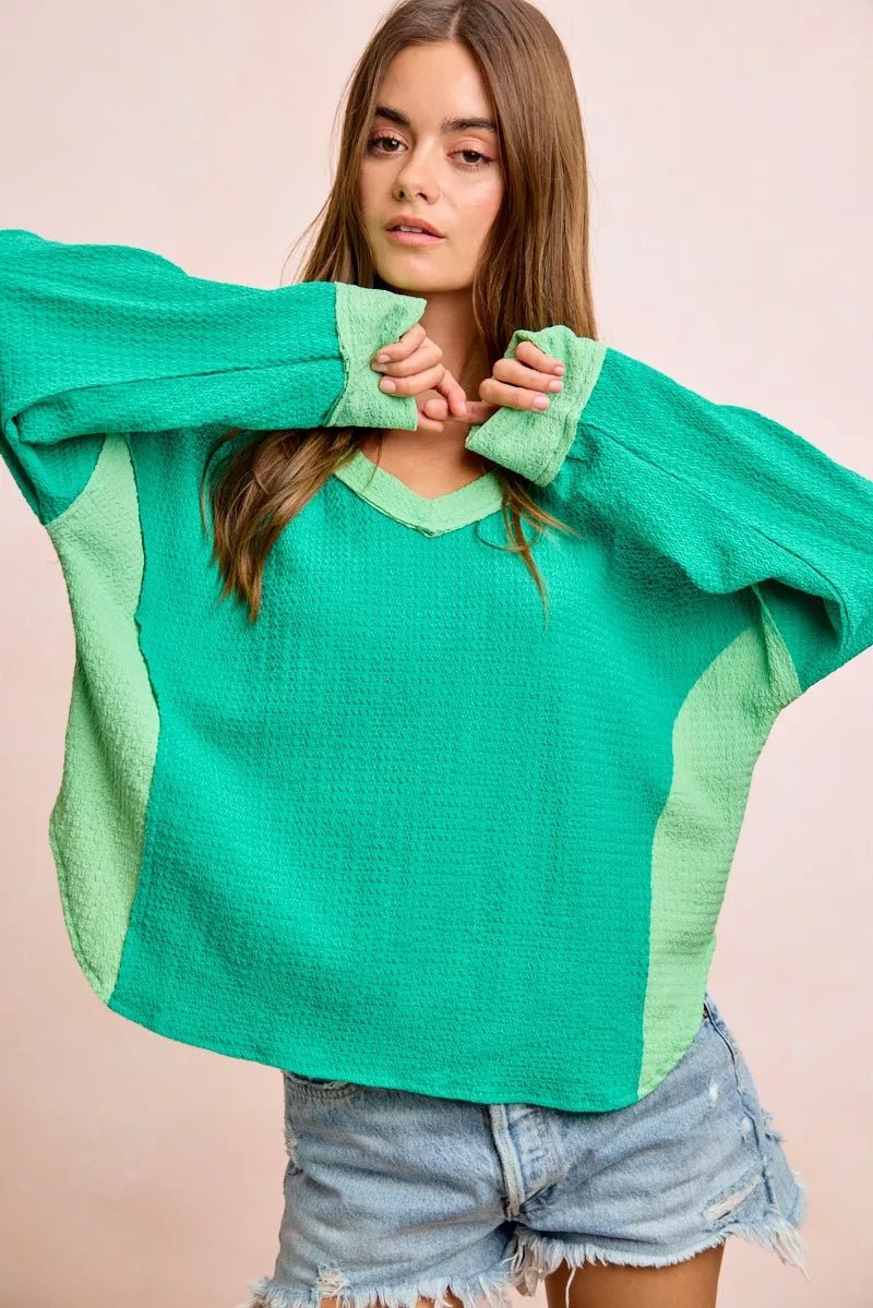 BiBi Textured Jersey Color Block Top With Cut Edge - Rooted & Reckless Co.