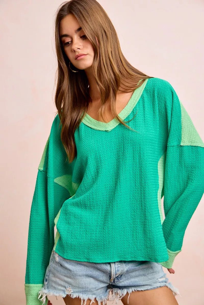 BiBi Textured Jersey Color Block Top With Cut Edge - Rooted & Reckless Co.