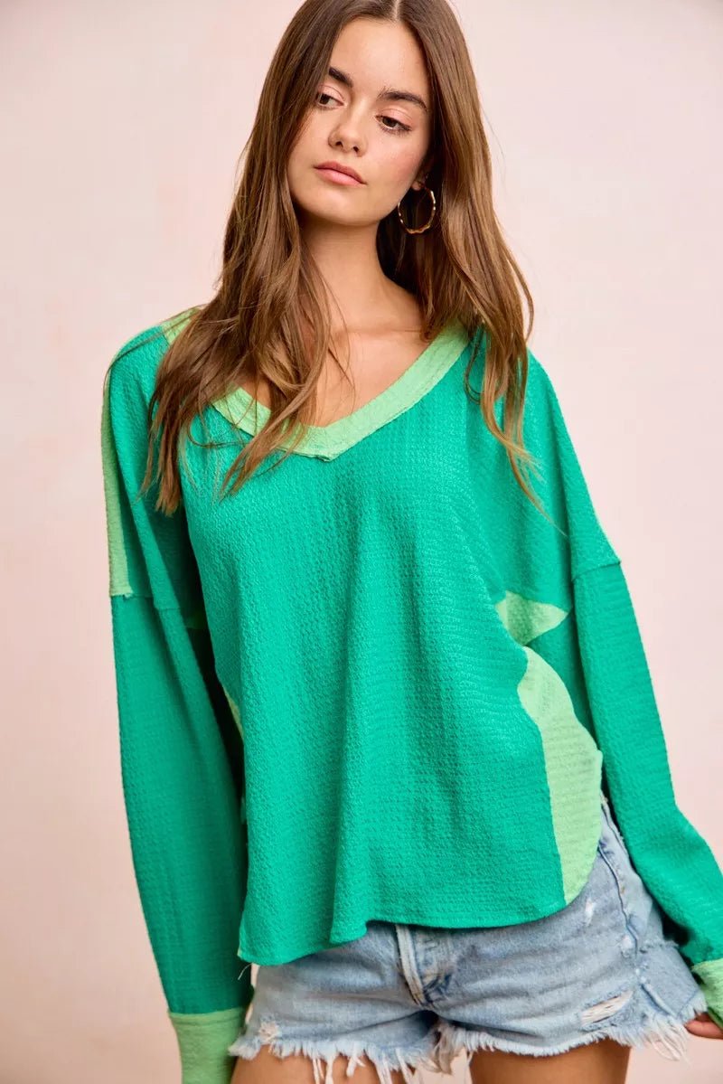BiBi Textured Jersey Color Block Top With Cut Edge - Rooted & Reckless Co.