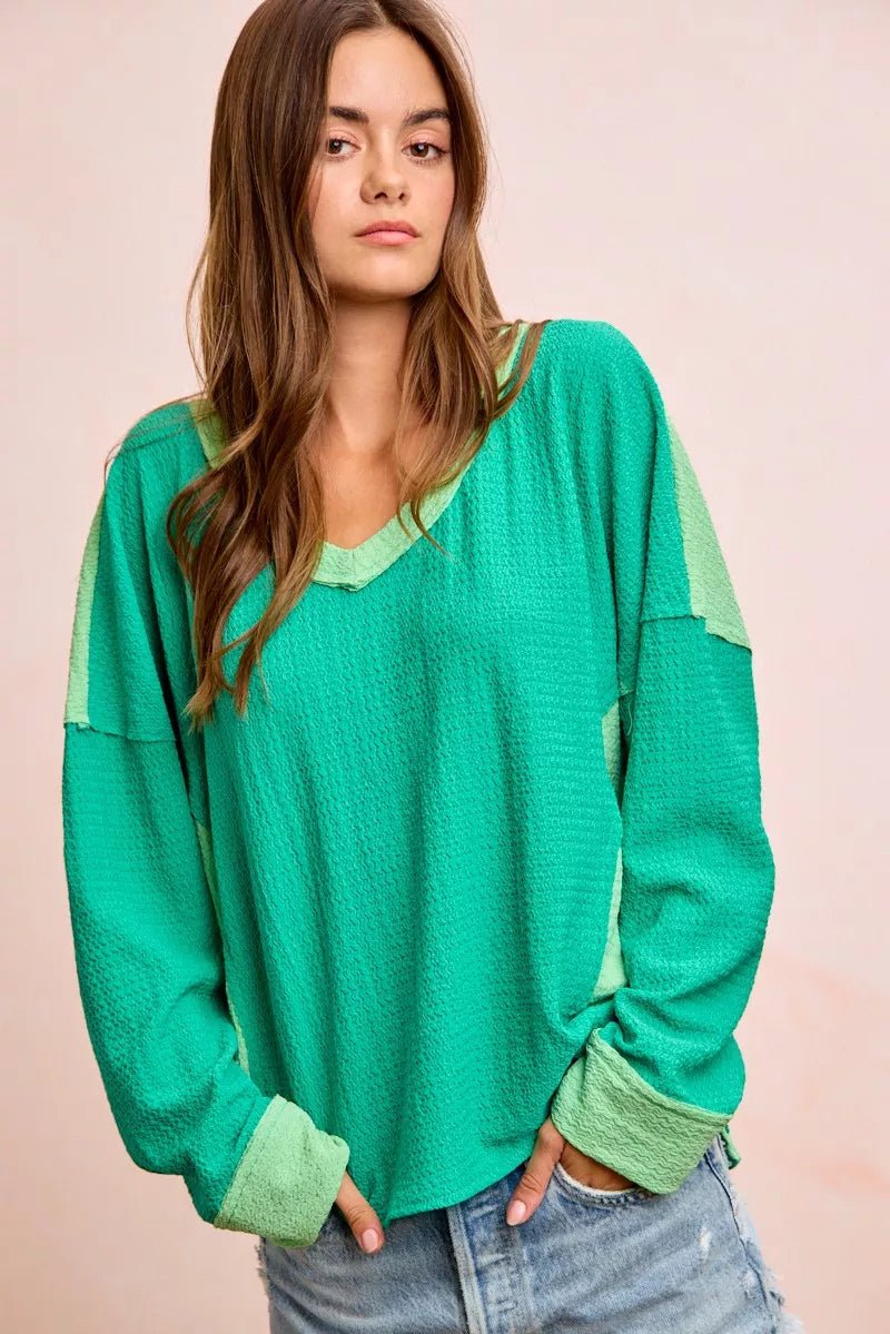 BiBi Textured Jersey Color Block Top With Cut Edge - Rooted & Reckless Co.