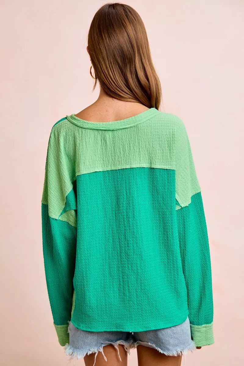 BiBi Textured Jersey Color Block Top With Cut Edge - Rooted & Reckless Co.