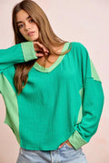 BiBi Textured Jersey Color Block Top With Cut Edge - Rooted & Reckless Co.