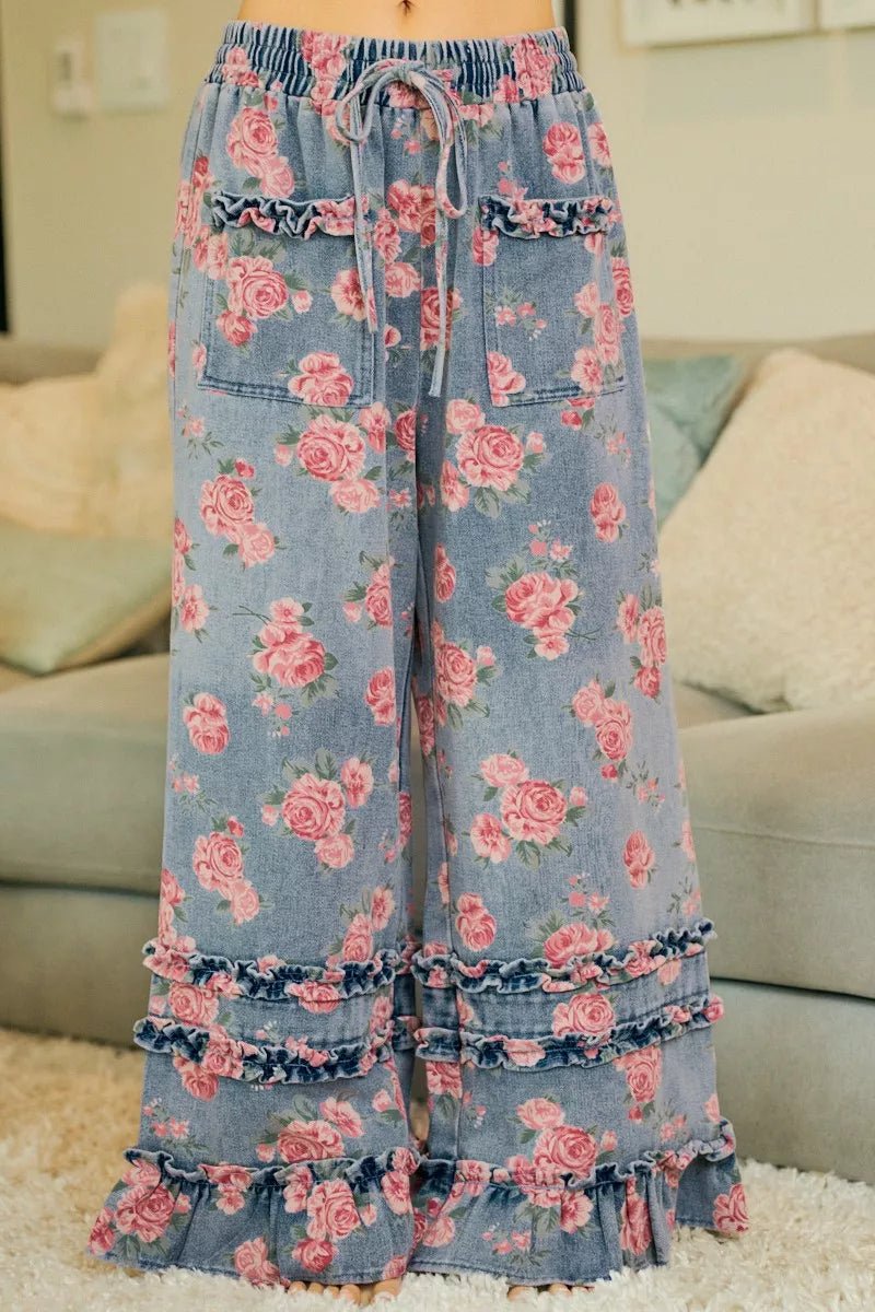 BiBi Washed Floral Denim With Ruffle Elastic Wide Pants - Rooted & Reckless Co.