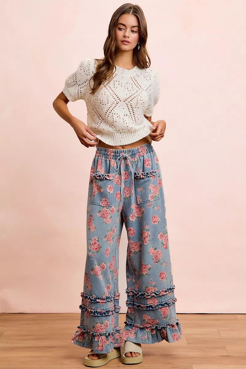 BiBi Washed Floral Denim With Ruffle Elastic Wide Pants - Rooted & Reckless Co.