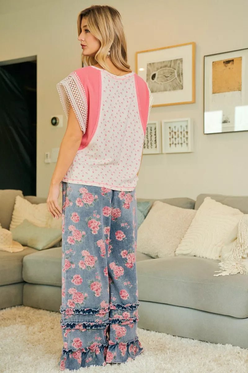 BiBi Washed Floral Denim With Ruffle Elastic Wide Pants - Rooted & Reckless Co.