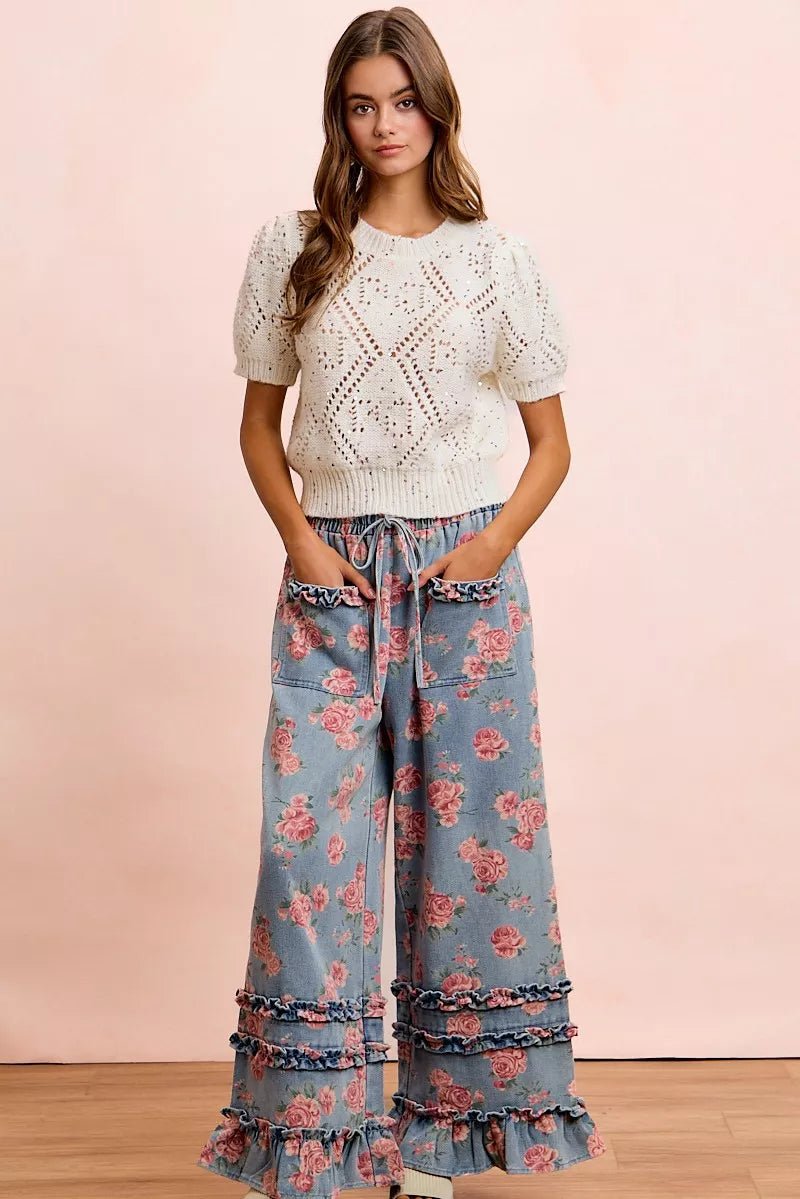 BiBi Washed Floral Denim With Ruffle Elastic Wide Pants - Rooted & Reckless Co.