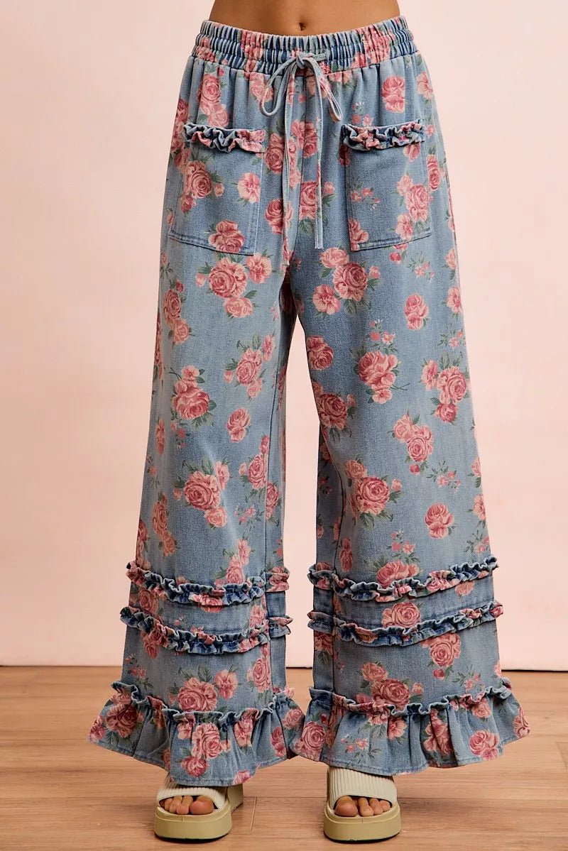 BiBi Washed Floral Denim With Ruffle Elastic Wide Pants - Rooted & Reckless Co.