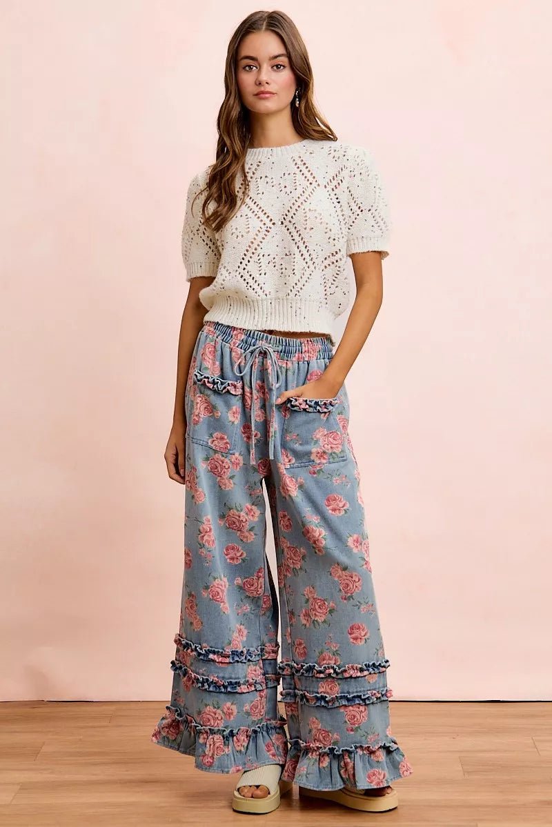 BiBi Washed Floral Denim With Ruffle Elastic Wide Pants - Rooted & Reckless Co.