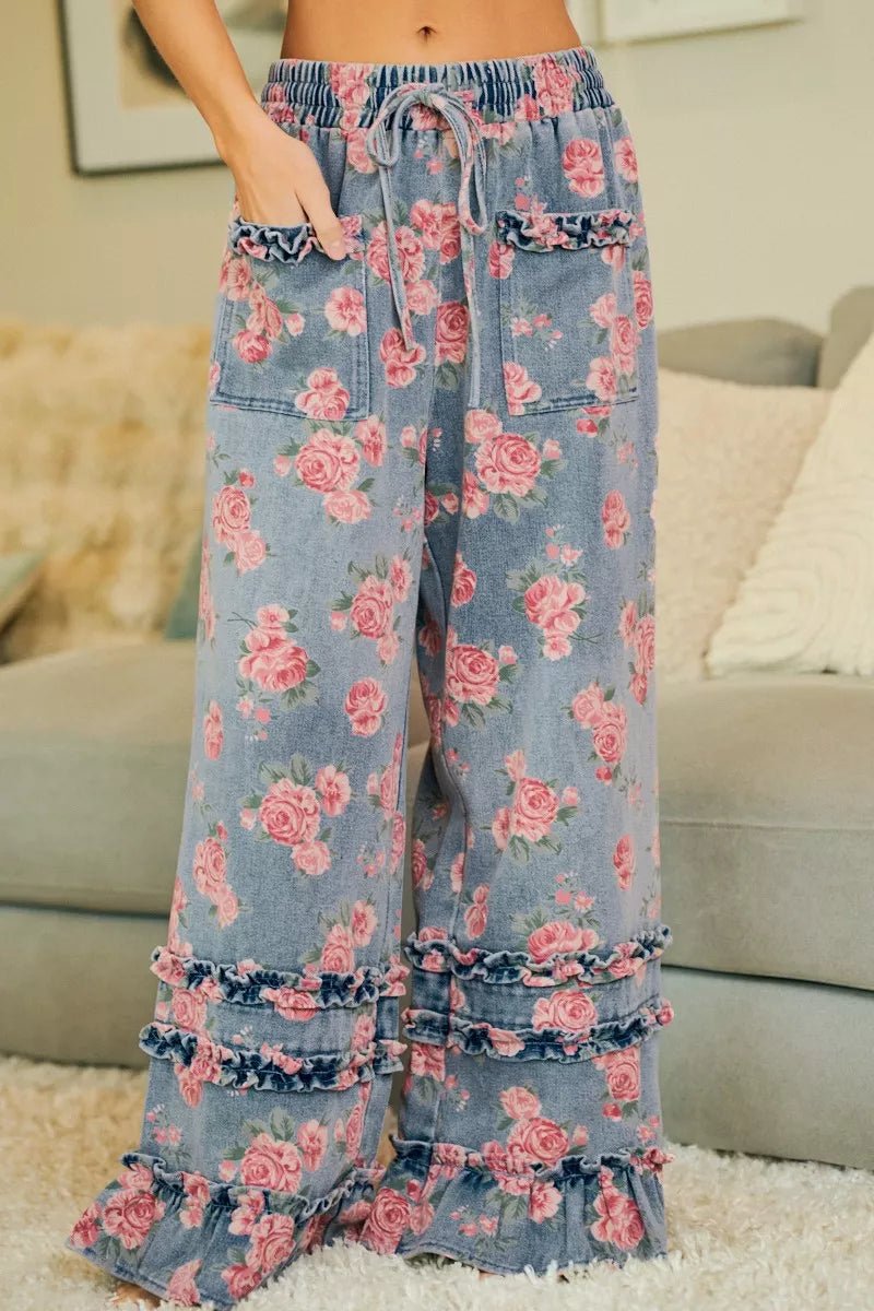 BiBi Washed Floral Denim With Ruffle Elastic Wide Pants - Rooted & Reckless Co.
