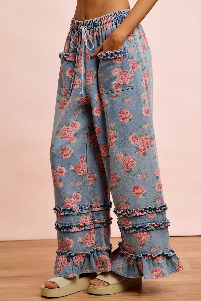 BiBi Washed Floral Denim With Ruffle Elastic Wide Pants - Rooted & Reckless Co.