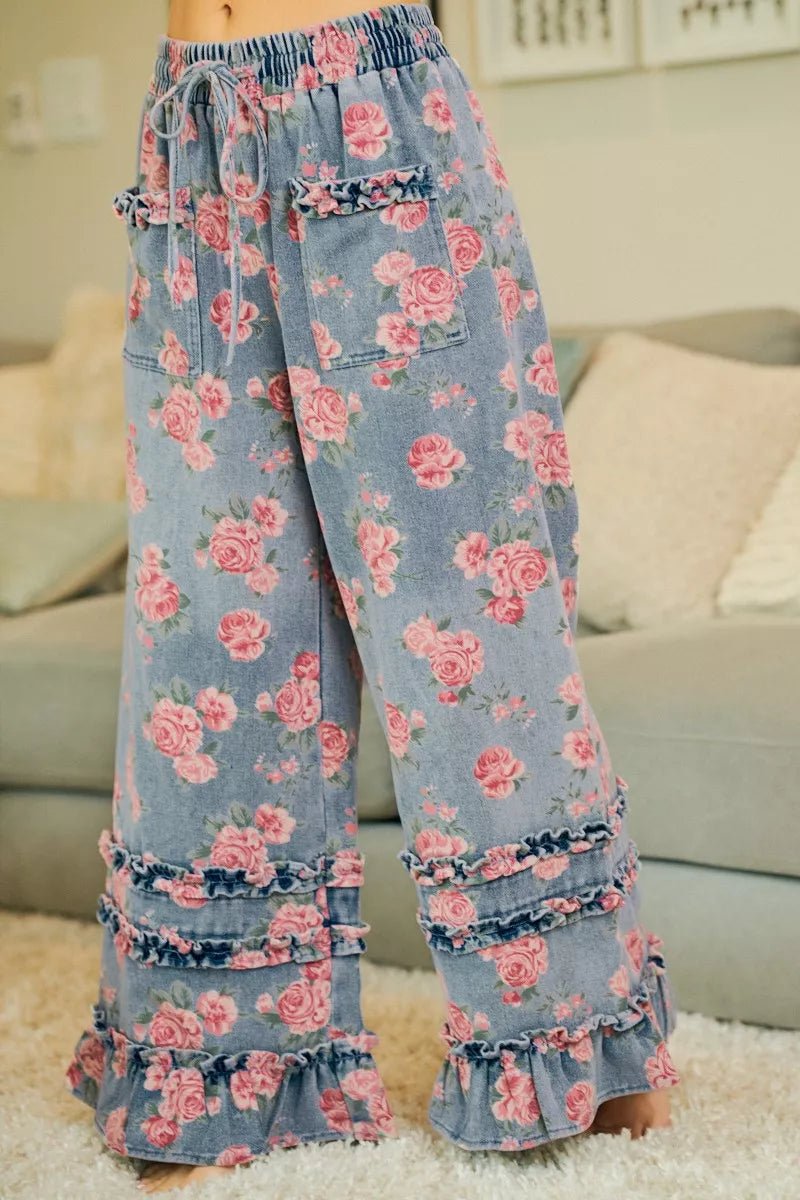 BiBi Washed Floral Denim With Ruffle Elastic Wide Pants - Rooted & Reckless Co.