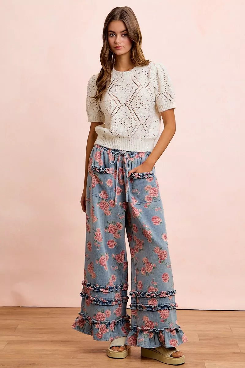 BiBi Washed Floral Denim With Ruffle Elastic Wide Pants - Rooted & Reckless Co.
