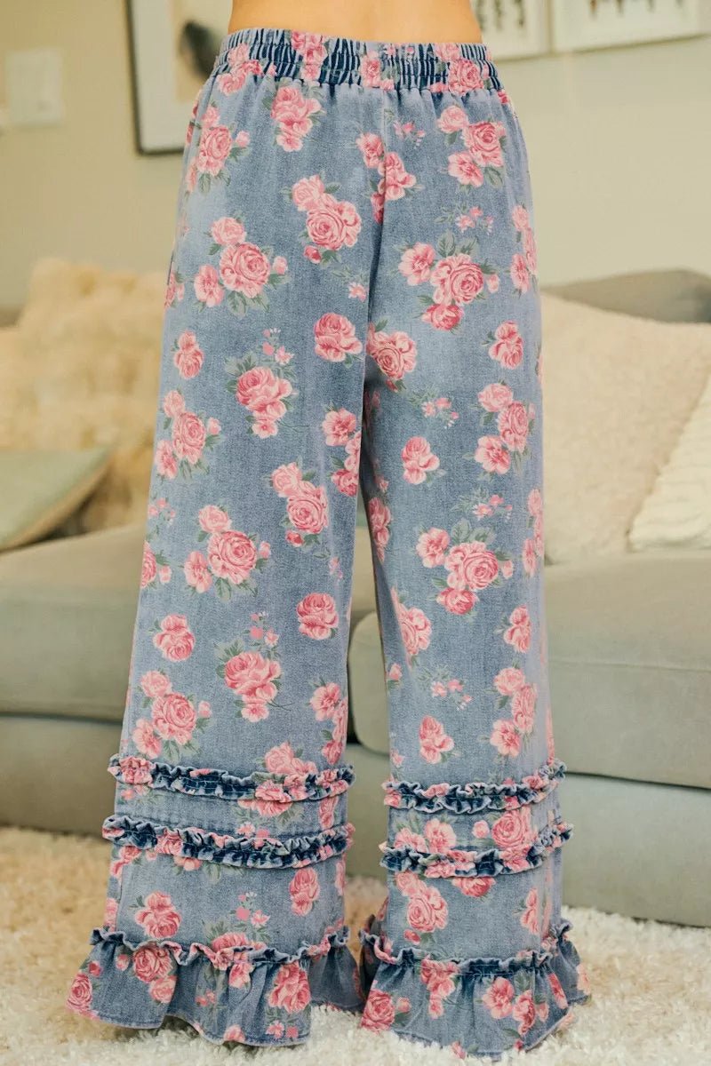 BiBi Washed Floral Denim With Ruffle Elastic Wide Pants - Rooted & Reckless Co.