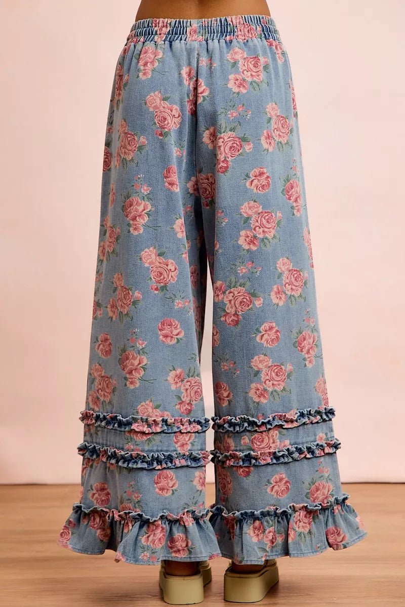 BiBi Washed Floral Denim With Ruffle Elastic Wide Pants - Rooted & Reckless Co.