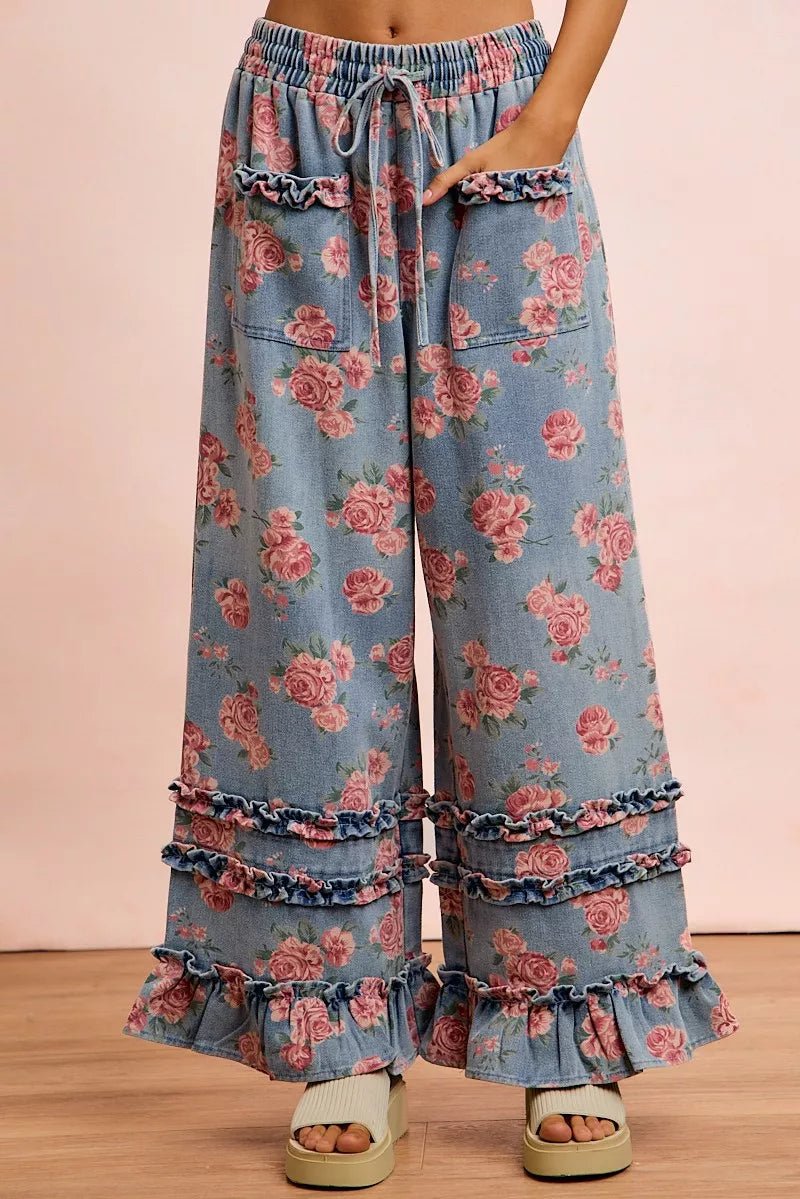 BiBi Washed Floral Denim With Ruffle Elastic Wide Pants - Rooted & Reckless Co.
