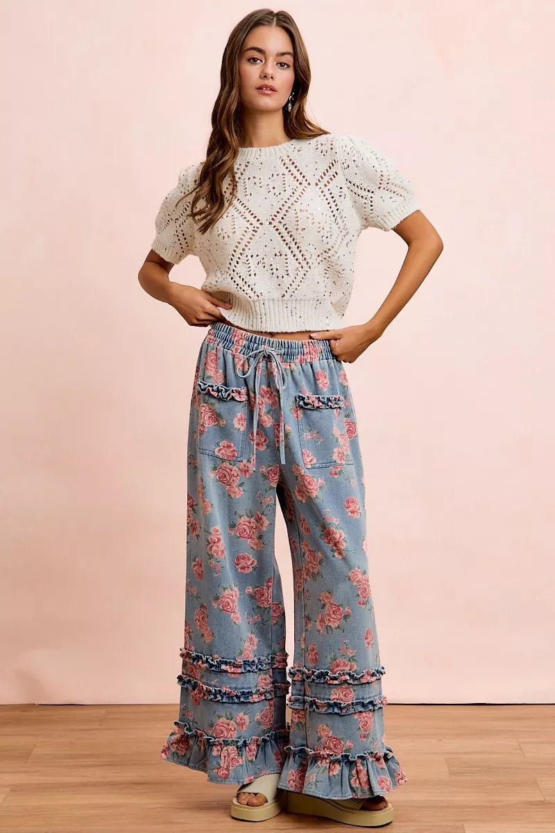 BiBi Washed Floral Denim With Ruffle Elastic Wide Pants - Rooted & Reckless Co.