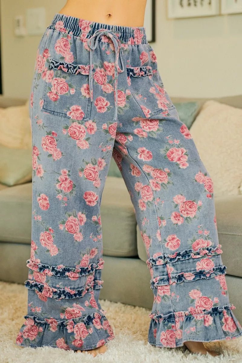 BiBi Washed Floral Denim With Ruffle Elastic Wide Pants - Rooted & Reckless Co.