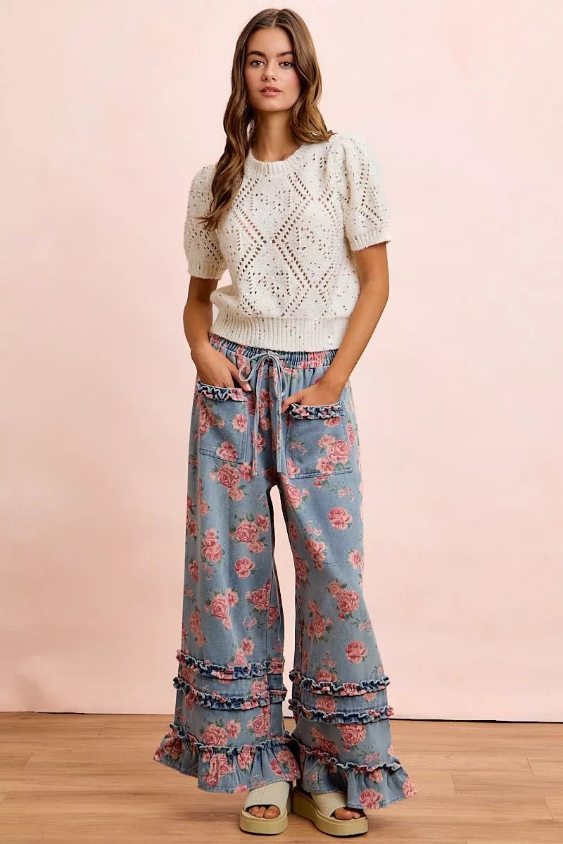 BiBi Washed Floral Denim With Ruffle Elastic Wide Pants - Rooted & Reckless Co.